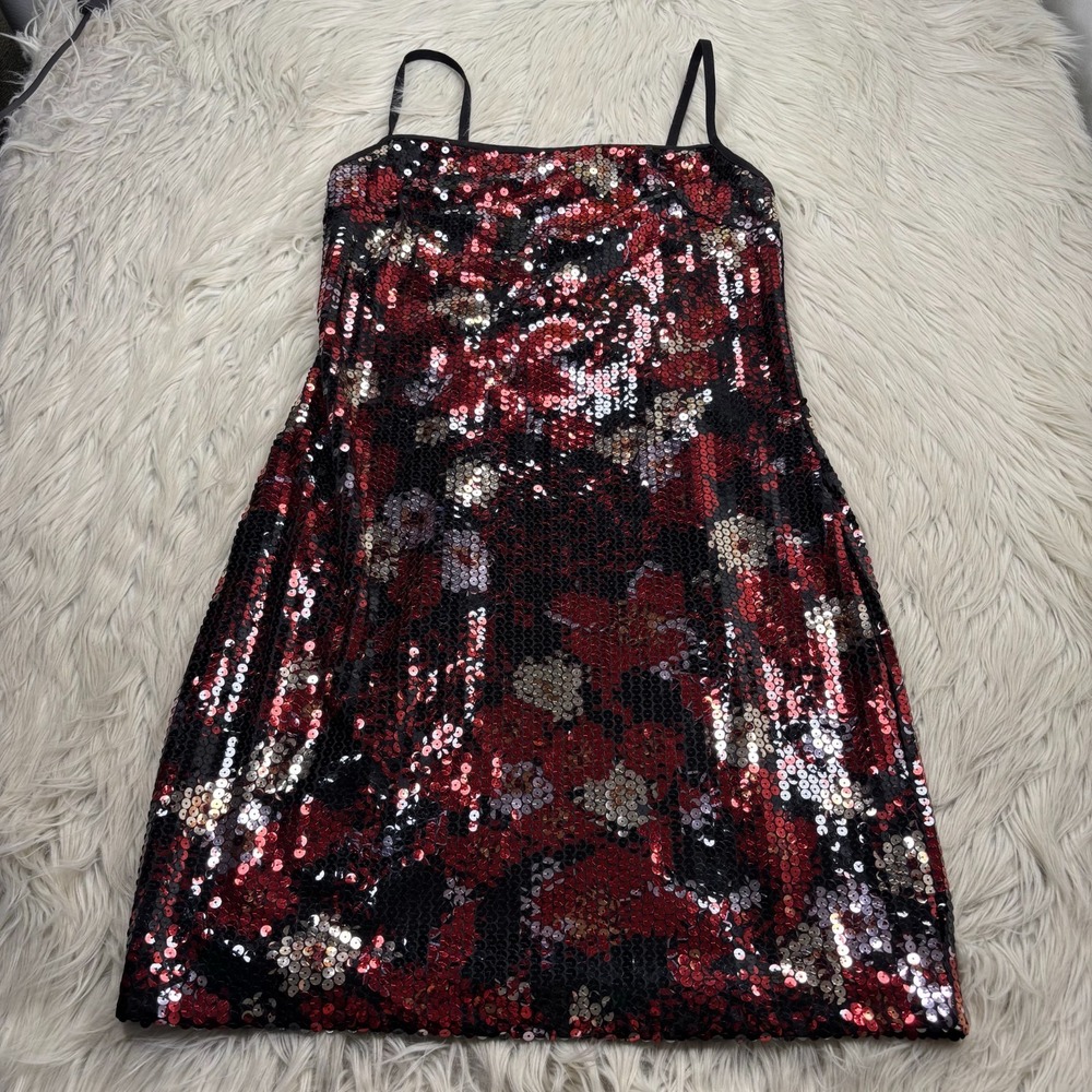 Y2K Express Women's 13 14 Red Black Sequin Square Neck Mini Dress Party HOCO